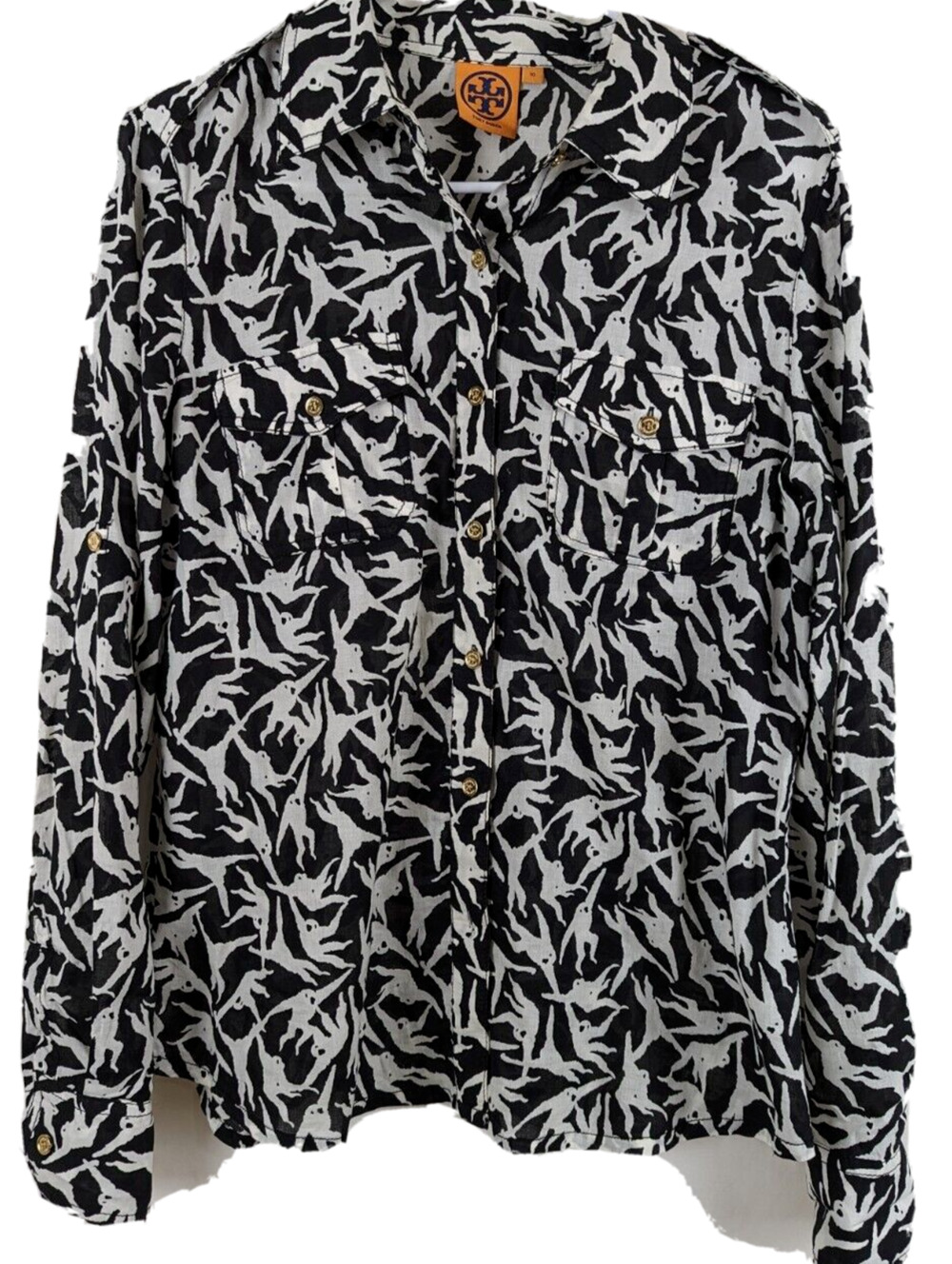 Tory Burch Women's Black/White Monkey Print With Sequins Button Up 10